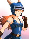  1girl absurdres armlet armor bare_shoulders belt blue_armor breasts brown_eyes brown_gloves brown_hair cleavage closed_mouth daisy_(dq) dragon_quest dragon_quest_yuusha_abel_densetsu fake_horns gloves helmet highres horned_helmet horns long_hair looking_at_viewer onimaru_gonpei simple_background smile solo 