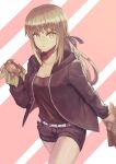  1girl artoria_pendragon_(fate) bag belt belt_buckle blonde_hair breasts buckle burger commentary_request cowboy_shot denim denim_shorts eating fate/grand_order fate_(series) food holding holding_bag holding_food hood hood_down hoodie jacket janoukyo19 jet_black_king_of_knights_ver._shinjuku_1999 long_hair long_sleeves looking_at_viewer medium_breasts pink_background ponytail saber_alter shorts solo striped striped_background white_background yellow_eyes 