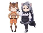  2girls :/ :3 :t animal_ears anteater_ears anteater_tail apron arm_at_side beleven black_eyes black_hair bow bowtie brown_hair capybara_(kemono_friends) capybara_girl cheek_poking chibi closed_eyes closed_mouth commentary dress english_commentary eyebrows_visible_through_hair forehead full_body fur_collar giant_anteater_(kemono_friends) gloves grey_hair hair_ornament hand_on_another&#039;s_face hand_up hands_on_hips highres kemono_friends legwear_under_shorts long_hair long_sleeves looking_at_another medium_hair mouse_ears multiple_girls pantyhose photo-referenced poking shirt shoes shorts simple_background standing suspender_shorts suspenders towel towel_on_head very_long_hair white_background 