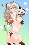  1girl animal_ears animal_print ass bikini blue_background breasts brown_eyes cow_ears cow_print cow_tail cowboy_shot fake_animal_ears from_behind gradient gradient_background grey_hair highres igarasy kantai_collection large_breasts open_mouth pola_(kancolle) round_teeth side-tie_bikini smile solo standing swimsuit tail teeth thighhighs upper_teeth wavy_hair white_bikini white_legwear 