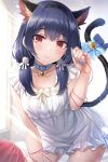  1girl :3 animal_ear_fluff animal_ears bangs bell black_hair black_hairband blue_bow blue_collar blue_nails bow breasts cat_ears cat_tail closed_mouth collar collarbone commentary_request day dress eyebrows_visible_through_hair flower frilled_dress frills hair_bow hair_flower hair_ornament hair_over_shoulder hairband hand_up highres idolmaster idolmaster_shiny_colors jingle_bell long_hair low_twintails morino_rinze nail_polish neck_bell red_eyes rose sleeveless sleeveless_dress small_breasts smile solo string string_around_finger string_of_fate sunlight tail tail_bell tail_bow tail_ornament twintails urabi_(tomatohouse) white_bow white_dress white_flower white_rose window yarn yarn_ball 