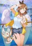  1girl aquarium atelier_(series) atelier_ryza atelier_ryza_2 bag bare_legs breasts brown_eyes brown_hair dolphin hair_ornament handbag jewelry large_breasts necklace one_eye_closed reisalin_stout ribbon short_shorts shorts sleeveless sleeveless_jacket splashing thick_thighs thighs toridamono 