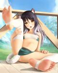  1girl anal anal_object_insertion anal_tail animal_ears bandeau black_hair blush brown_eyes cat_ears commission crumbles day eyebrows_visible_through_hair fake_tail feet foot_focus foreshortening gradient_hair green_skirt head_tilt highres leg_lift long_hair looking_at_viewer miniskirt multicolored_hair navel no_shoes object_insertion open_mouth outdoors pleated_skirt princess_connect! shiori_(princess_connect!) skirt soles solo spread_legs stirrup_legwear strapless tail toeless_legwear toes tube_top white_hair white_legwear 
