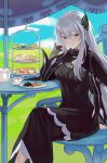  1girl absurdres bburi black_dress black_eyes brown_eyes butterfly_hair_ornament cake_stand capelet closed_mouth commentary_request crossed_legs cup dress echidna_(re:zero) hair_ornament highres long_dress long_hair long_sleeves looking_at_viewer pastry pointy_ears re:zero_kara_hajimeru_isekai_seikatsu sitting smile solo table teacup white_hair 