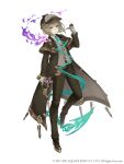  1boy aqua_eyes aqua_hair bob_cut brown_hair capelet chain colored_inner_hair detective eyebrows_visible_through_hair formal full_body gloves gold_trim gretel_(sinoalice) gun hat holding holding_gun holding_weapon ji_no long_coat looking_at_viewer male_focus multicolored_hair official_art otoko_no_ko pants pipe plaid plaid_pants revolver sinoalice solo square_enix suit trigger_discipline weapon white_background 