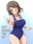  1girl blue_eyes blue_swimsuit breasts cleavage commentary_request competition_swimsuit cowboy_shot gradient gradient_background grey_hair happy_birthday highres index_finger_raised large_breasts looking_at_viewer love_live! love_live!_sunshine!! mei_ichi one-piece_swimsuit short_hair solo swimsuit watanabe_you 