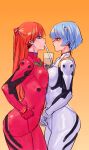  2girls archvermin ayanami_rei bad_link blue_eyes blue_hair bodysuit breast_press bubble_tea cup disposable_cup drinking drinking_straw eye_contact gloves gradient gradient_background highres long_hair looking_at_another multiple_girls neon_genesis_evangelion orange_background orange_hair plugsuit red_bodysuit red_eyes red_gloves short_hair simple_background sketch souryuu_asuka_langley standing symmetrical_docking white_bodysuit white_gloves 