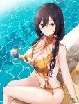  1girl absurdres bare_shoulders black_hair blush breasts can cleavage collarbone commentary_request deen_(hnxp8555) hair_between_eyes highres holding holding_can idolmaster idolmaster_shiny_colors large_breasts looking_at_viewer navel o-ring o-ring_swimsuit one-piece_swimsuit orange_swimsuit pool poolside shirase_sakuya sitting solo swimsuit water yellow_eyes 