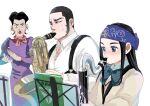  1boy 2girls asirpa baritone_saxophone bass_clarinet black_hair blue_eyes blue_headband bow buzz_cut chest_hair clapping dress facial_hair golden_kamuy headband higashino highres instrument long_hair multiple_girls music music_stand playing_instrument purple_dress shirt short_hair sideburns simple_background sitting standing stubble suspenders sweat tanigaki_genjirou very_short_hair white_background white_shirt yamada_fumie 