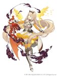  1girl :d absurdly_long_hair aqua_eyes armored_boots blonde_hair boots dress elbow_gloves eyebrows_visible_through_hair flower frilled_dress frills full_body gauntlets gloves hairband holding holding_sword holding_weapon ji_no long_hair looking_at_viewer official_art petals rapunzel_(sinoalice) sinoalice smile smoke solo square_enix sword teeth upper_teeth very_long_hair weapon white_background 