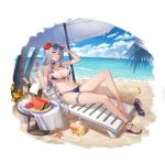  1girl absurdres adjusting_eyewear azur_lane bangs bare_legs barefoot beach beach_chair bikini bottle braid breasts bucket character_request check_commentary chinese_commentary cleavage closed_mouth commentary_request criss-cross_halter cup drinking_glass eyebrows_visible_through_hair eyewear_on_head fingernails flower food front-tie_bikini front-tie_top fruit full_body gui_mi hair_between_eyes hair_flower hair_ornament halter_top halterneck hibiscus highres holding holding_cup ice ice_cube large_breasts leg_garter long_hair looking_at_viewer manjuu_(azur_lane) multicolored_hair nail_polish navel ocean purple_bikini purple_eyes purple_flower purple_footwear purple_hair purple_nails red_flower sandals sandals_removed side-tie_bikini silver_hair single_sandal sitting starfish stomach streaked_hair string_bikini sunglasses swimsuit toenail_polish toenails tropical_drink very_long_hair watermelon wine_bottle 