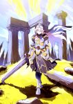  1girl absurdres armor breastplate clip_studio_paint_(medium) cloud column commission eudetenis gauntlets grass habit highres holding holding_sword holding_weapon long_hair nun original pauldrons pillar ruins shoulder_armor skirt sky sparkle sword weapon 