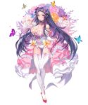  1girl 2v_(joyeong) absurdres bare_shoulders breasts bug butterfly cleavage destiny_child detached_sleeves dress frilled_dress frills garter_straps highres large_breasts leotard looking_at_viewer official_art purple_eyes purple_hair saturn_(destiny_child) solo thigh_gap thighhighs thighs white_legwear 
