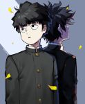  1boy bangs black_eyes black_hair blunt_bangs bowl_cut esper falling_leaves floating_hair gakuran jinno_(megacake) kageyama_shigeo leaf long_sleeves looking_away male_focus mob_psycho_100 psychic reflection school_uniform simple_background solo two-tone_background 