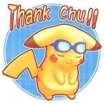  :3 animal_focus blue-framed_eyewear blue_background blush_stickers bowing closed_eyes closed_mouth commentary_request ears_down english_text eyewear_on_head full_body goggles happy no_humans outline pikachu plaid plaid_background pokemon pokemon_(creature) pun round_image smile solo standing super_smash_bros. thank_you tsuji white_outline 