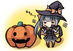  1girl black_dress blush chibi cloak closed_mouth dress eyebrows_visible_through_hair flower halloween hat kantai_collection kasumi_(kancolle) long_hair makura_(user_jpmm5733) pumpkin side_ponytail silver_hair solo striped striped_legwear witch_hat 