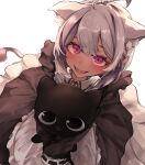  1girl absurdres animal animal_ear_fluff animal_ears apron black_cat black_dress blush braid cat cat_ears cat_girl cat_tail dress fangs frilled_apron frills highres holding holding_animal holding_cat long_sleeves looking_at_viewer maid maid_apron matsukai_mao nijisanji open_mouth purple_eyes short_hair silver_hair simple_background sleeves_past_fingers sleeves_past_wrists smile solo tail virtual_youtuber white_apron white_background yukirei 