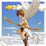  1boy :3 above_clouds angel armlet bangs bare_shoulders bike_shorts blue_eyes blue_sky blush_stickers border bow_(weapon) brown_eyes brown_footwear brown_hair closed_mouth cloud commentary_request crossover day feathered_wings feathers flying fur-trimmed_footwear gold happy holding holding_bow_(weapon) holding_weapon kid_icarus laurel_crown male_focus midair outside_border pikachu pit_(kid_icarus) pokemon pokemon_(creature) sandals shiny shiny_hair short_hair sidelocks sky smile smoke solo_focus spiked_hair super_smash_bros. thighlet toga tsuji weapon white_border white_wings wings 