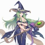  1girl absurdres alternate_costume breasts cleavage commentary_request cowboy_shot da-cart dress fire_emblem fire_emblem:_three_houses fire_emblem_heroes green_eyes green_hair halloween halloween_costume hat highres holding holding_staff large_breasts long_hair navel official_alternate_costume purple_ribbon rhea_(fire_emblem) ribbon solo staff standing stomach torn_clothes torn_dress very_long_hair witch witch_hat 