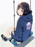  1girl animal_print artist_name bird_print black_hair brown_eyes english_text full_body grin hood hoodie looking_at_viewer mattaku_mousuke original shoes short_hair sitting smile sneakers solo swing watermark white_background 