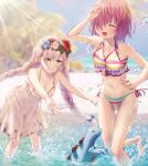 2girls absurdres anastasia_(fate) anastasia_(swimsuit_archer)_(fate) bangs beach bikini blue_eyes blue_flower blurry blurry_background blush braid breasts closed_eyes collarbone commentary_request dinosaur dress dress_swimsuit eyebrows_visible_through_hair fate/grand_order fate_(series) fingernails flower flower_wreath grin hair_between_eyes hair_flower hair_ornament hair_over_one_eye head_wreath highres long_hair mash_kyrielight mash_kyrielight_(swimsuit_of_perpetual_summer_ver.02) medium_breasts multicolored_bikini multicolored_clothes multicolored_swimsuit multiple_girls navel open_mouth outdoors pink_hair red_flower sand see-through short_hair smile splashing ste-kun_(fate) stegosaurus striped striped_bikini striped_swimsuit sunlight swimsuit teeth tongue twin_braids wading water white_dress white_flower white_hair white_swimsuit yumesaki_takeshi 