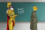  1boy 1girl armor black_eyes black_hair cape chalk chalkboard classroom cloak cosplay emperor_of_mankind emperor_of_mankind_(cosplay) english_text flick-the-thief full_armor gauntlets gold_armor height_difference hood hooded_cloak komi-san_wa_komyushou_desu komi_shouko laurel_crown malcador_the_sigillite meme no_mouth pauldrons red_cape shoulder_armor solo_focus staff standing truth warhammer_40k wide-eyed 