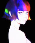  bangs bare_shoulders black_background blonde_hair blue_eyes blue_hair blunt_bangs bob_cut breasts commentary from_side green_hair highres ilya_kuvshinov light_smile looking_at_viewer looking_to_the_side multicolored_hair nude original pale_skin purple_hair rainbow_hair red_hair short_hair sideboob simple_background 