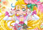  2girls blonde_hair cure_summer damage_numbers double_v emotional_engine_-_full_drive fairouz_ai green_eyes kinkuri_(axsc8mjrt) laura_la_mer long_hair mermaid monster_girl multiple_girls natsuumi_manatsu one_eye_closed pink_hair precure side_ponytail tongue tongue_out tropical-rouge!_precure v voice_actor_connection 