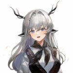  1girl :d alina_(arknights) animal_ears arknights black_neckerchief black_vest blue_eyes commentary deer_antlers deer_ears deer_girl eyebrows_visible_through_hair grey_hair hair_intakes hair_ornament hairclip highres looking_at_viewer neckerchief open_mouth shirt simple_background smile solo spacelongcat upper_body vest white_background white_shirt 