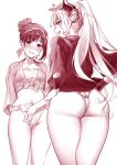  2girls :d arms_behind_back ass braid fang fundoshi hair_bun hands_on_hips haori headband highres hizuki_akira horns japanese_clothes long_hair long_sleeves looking_at_viewer looking_back monochrome multiple_girls navel original pointy_ears ponytail red_theme sarashi sideways_glance simple_background smile standing white_background 