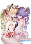  2girls :q asymmetrical_docking bangs black_swimsuit blonde_hair blue_eyes blunt_bangs blush breast_press breasts brooch closed_mouth eyewear_on_head fingernails food from_side glasses hair_ornament hair_scrunchie highres hizuki_akira holding horns jewelry jitome kneeling large_breasts licking_lips long_hair looking_at_viewer multiple_girls nail_polish original pink-framed_eyewear pink_nails popsicle purple_hair red_eyes ring scrunchie simple_background slingshot_swimsuit slit_pupils small_breasts smile sunglasses swimsuit tongue tongue_out twintails watermelon_bar white_background wrist_scrunchie 
