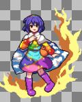  1girl :d bag bangs boots cape checkered checkered_background full_body grey_background long_sleeves looking_at_viewer lowres mirukuro092 multicolored_clothes multicolored_hairband open_mouth patchwork_clothes pixel_art purple_eyes purple_footwear short_hair sky_print smile solo standing tenkyuu_chimata touhou white_cape 