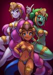  3girls absurdres armlet bracelet breasts cleavage colored_skin commission dark-skinned_female dark_skin green_hair green_skin hand_on_hip highres jewelry long_hair multiple_girls official_alternate_costume purple_hair purple_skin risky_boots rottytops ry-spirit shantae shantae_(series) shantae_and_the_pirate&#039;s_curse short_hair smile thighlet tiara very_long_hair 