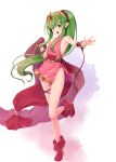  1girl :d armpit_peek bangs bare_legs bracelet dress fire_emblem fire_emblem:_mystery_of_the_emblem full_body green_eyes green_hair hair_between_eyes headpiece highres jewelry kirishima_satoshi long_hair no_panties open_mouth pink_dress pointy_ears ponytail red_footwear red_robe red_scarf ring scarf short_dress smile solo tiara tiki_(fire_emblem) 