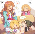  3girls ^_^ ^o^ absurdres blonde_hair blush closed_eyes couch cushion dress drooling food futaba_anzu hano9789 heart heart_print highres hoshii_miki idolmaster idolmaster_(classic) idolmaster_cinderella_girls idolmaster_starlit_season jealous lap_pillow looking_at_another lying messy_hair moroboshi_kirari multicolored_clothes multicolored_dress multiple_girls musical_note object_hug on_side onigiri onigiri_print orange_hair polka_dot polka_dot_dress scrunchie simple_background sitting sleeping sparkle_print speech_bubble squiggle twintails wavy_hair wrist_scrunchie zzz 