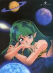  1980s_(style) 1girl animal_print bangs bikini blue_eyes comet copyright_name eyebrows_visible_through_hair eyeshadow feet_out_of_frame galaxy green_hair highres horns long_hair looking_at_viewer lum makeup official_art oni oni_horns planet pointy_ears retro_artstyle smile solo space strapless strapless_bikini swimsuit tiger_print tiger_stripes urusei_yatsura 