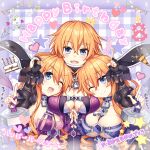  3girls :d ;) ;d arm_on_shoulder asymmetrical_docking bare_shoulders birthday blue_eyes blush braid braided_ponytail breast_pillow breast_press breasts chain chain_necklace cleavage clothing_cutout commentary_request cuffs date_a_live drill_hair fang fingerless_gloves gloves hair_between_eyes hands_up happy happy_birthday head_on_chest highres holding_hands hug huge_breasts index_finger_raised interlocked_fingers kazamachi_yamai large_breasts long_hair looking_at_viewer medium_breasts midriff multiple_girls multiple_persona navel one_eye_closed open_mouth orange_hair revealing_clothes shackles siblings single_braid smile teeth time_paradox translation_request tsubasaki twin_drills twins underboob underboob_cutout upper_body upper_teeth very_long_hair yamai_kaguya yamai_yuzuru 