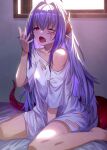  1girl absurdres bangs blush breasts dragon_girl dragon_horns dragon_tail facial_mark highres horns ibuki_notsu light_purple_hair long_hair melusine_(ibuki_notsu) open_mouth original pointy_ears sitting solo tail wariza yawning 