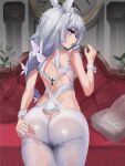  +_+ 1girl animal_ear_fluff animal_ears ass azur_lane back bangs bare_shoulders blue_eyes blush braid breasts commentary contrapposto couch cowboy_shot eyebrows_visible_through_hair fake_animal_ears fingernails from_behind grey_hair grey_nails hand_up highleg highleg_leotard highres indoors jewelry le_malin_(azur_lane) le_malin_(listless_lapin)_(azur_lane) leotard long_fingernails long_hair looking_at_viewer looking_back mookie_(e_mook9) nail_polish official_alternate_costume pillow playboy_bunny rabbit_ears rabbit_tail revealing_clothes shoulder_blades sideboob sidelocks skin_tight skindentation solo tail thick_thighs thighs twin_braids underboob very_long_hair white_hair white_legwear white_leotard wrist_cuffs wristband 