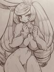  1girl animal_ear_fluff animal_ears body_fur breasts commentary_request completely_nude copyright_request furry furry_female highres large_breasts long_hair looking_at_viewer mitsuba-sama_(milkba-ng) monochrome nude rabbit_ears rabbit_girl rabbit_tail sketch solo tail thighs twintails 