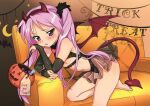  1girl alternate_costume bangs barefoot black_gloves blush breasts candy couch crescent elbow_gloves fake_horns food gloves halloween halloween_bucket halloween_costume heart hiiragi_kagami holding horns hotaru_iori long_hair lucky_star parted_lips pink_hair purple_eyes see-through small_breasts solo spikes tail twintails wings 