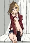  1girl bandeau bangs blonde_hair boots braid collarbone commentary_request crown_braid cutoffs denim denim_shorts eyebrows_visible_through_hair fate/apocrypha fate/grand_order fate_(series) green_eyes head_rest highres jack-o&#039;-lantern jacket jewelry leg_up looking_at_viewer midriff mordred_(fate) mordred_(fate/apocrypha) necklace partial_commentary red_jacket short_shorts shorts simple_background sitting solo white_background yuukami_(wittsu) 