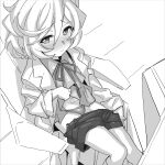  1girl blush closed_mouth clothes_lift clothes_pull elfnein eyebrows_visible_through_hair greyscale highres inai_uchi looking_at_viewer monochrome panties senki_zesshou_symphogear shirt_lift short_hair shorts shorts_pull sitting sketch solo underwear 