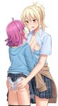  2girls areola_slip areolae ass ass_grab blonde_hair breasts breath checkered checkered_skirt cleavage clothes_around_waist clothes_lift collarbone eye_contact large_breasts light_blush long_hair looking_at_another love_live! love_live!_nijigasaki_high_school_idol_club medium_hair miyashita_ai multiple_girls nijigasaki_academy_uniform nosa open_clothes open_mouth open_shirt panties pink_hair ponytail simple_background skirt skirt_lift sweat sweater sweater_around_waist teeth tennouji_rina underwear white_background white_panties yellow_eyes yuri 
