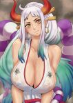  1girl alternate_breast_size aqua_hair artist_name bare_arms bare_shoulders breasts cleavage closed_mouth collarbone covered_nipples curled_horns gradient_hair green_hair hair_ornament hair_stick head_tilt highres hoop horns huge_breasts japanese_clothes kimono long_hair looking_at_viewer low_neckline multicolored_hair multicolored_horns one_piece oni oppaiserothicc orange_horns red_horns rope see-through shimenawa sidelocks sleeveless sleeveless_kimono smile solo upper_body very_long_hair wet wet_clothes white_hair yamato_(one_piece) yellow_eyes 