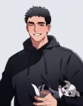  &gt;_o 1boy ;d animal artist_name black_eyes black_hair black_hoodie dog grey_background highres holding holding_animal holding_dog hood hood_down hoodie looking_at_viewer male_focus one_eye_closed open_mouth original puppy short_hair smile solo teeth upper_body y9tti 