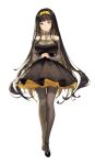  1girl bangs bare_shoulders black_dress black_hair black_legwear breasts choker collar destiny_child dress hairband highres janghwa_(destiny_child) jewelry kkuem large_breasts necklace own_hands_together pantyhose solo white_background yellow_eyes yellow_hairband 