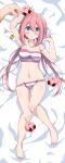  1girl :d absurdres arms_up ass_visible_through_thighs bangs bare_legs barefoot bed_sheet bikini blue_eyes blush breasts coin collarbone commentary dakimakura_(medium) eggman_(pixiv28975023) eyebrows_visible_through_hair feet full_body hair_between_eyes heart heart-shaped_pupils highres hypnosis kagamihara_nadeshiko kirby_(series) knees_together_feet_apart long_hair looking_at_viewer lying medium_breasts mind_control navel on_back pink_hair school_uniform smile striped striped_bikini swimsuit symbol-shaped_pupils toes twintails yurucamp 