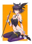  1girl animal_ears black_hair black_legwear black_necktie blake_belladonna bow cane cat_ears detached_collar detached_sleeves hair_bow highres iesupa medium_hair necktie rwby short_necktie short_shorts shorts solo suspenders thighhighs wrist_cuffs yellow_eyes 