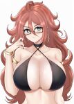  1girl absurdres android_21 armlet bikini bikini_top black_nails blue_eyes bracelet breasts brown_hair collarbone criss-cross_halter curly_hair desspie dragon_ball dragon_ball_fighterz earrings glasses hair_between_eyes halterneck highres hoop_earrings jewelry large_breasts long_hair looking_at_viewer nail_polish simple_background solo swimsuit upper_body 